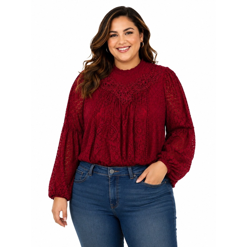 Torrid Red Lace Mock Neck Balloon Sleeve Blouse 3X Victorian Deep Wine Boho Top